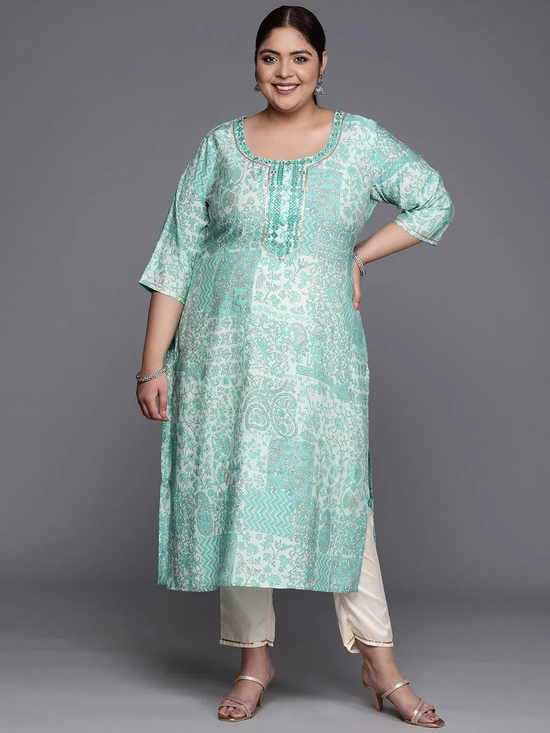 Plus Size Blue Printed Silk Straight Kurta - Jashvi