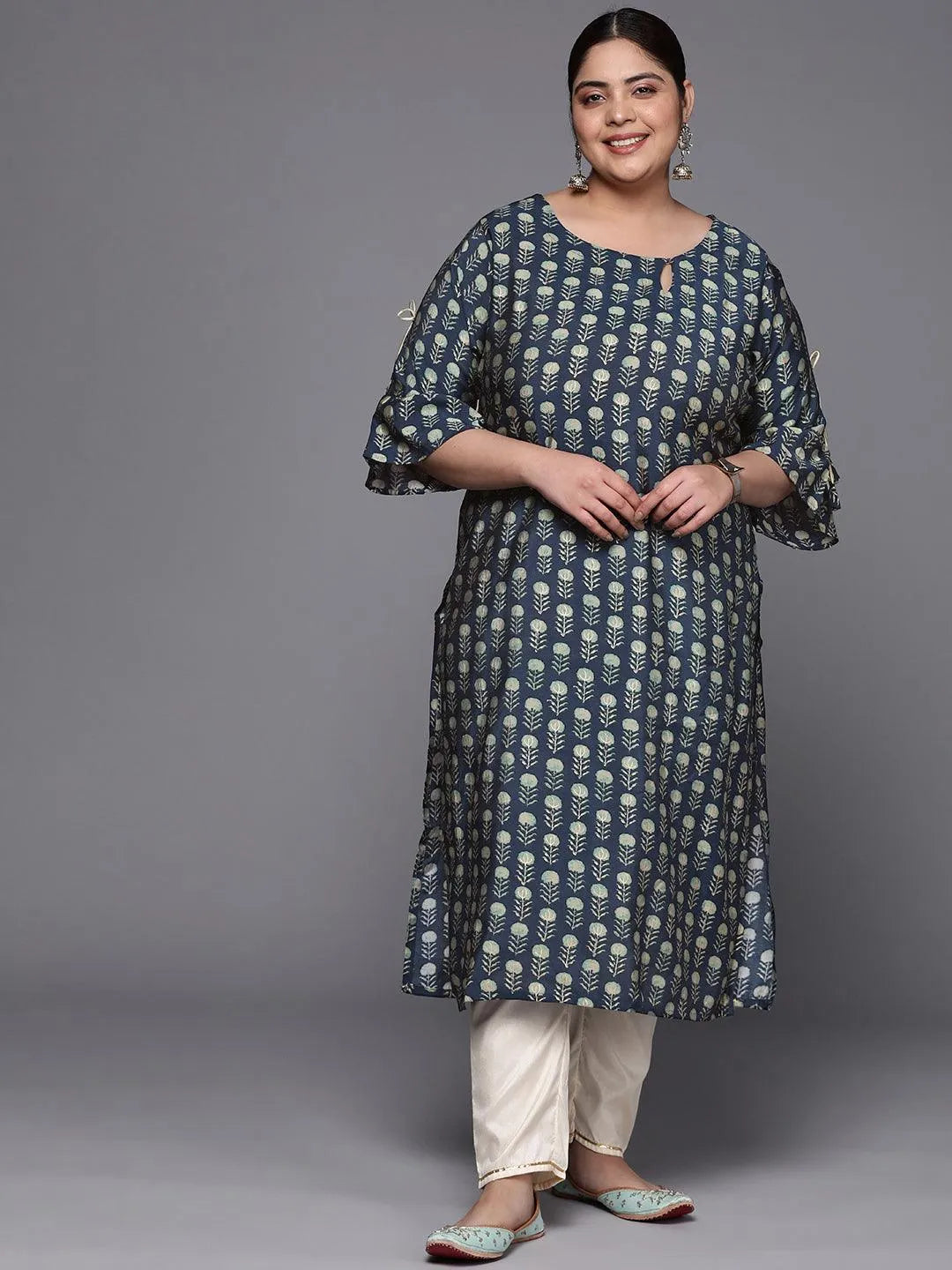 Plus Size Blue Printed Silk Straight Kurta - Jashvi