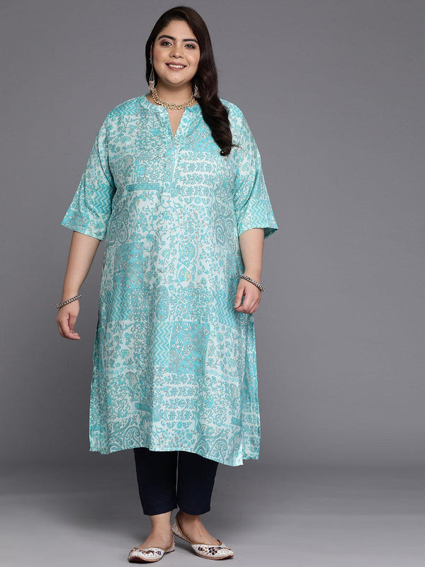 Plus Size Blue Printed Silk Straight Kurta - Jashvi