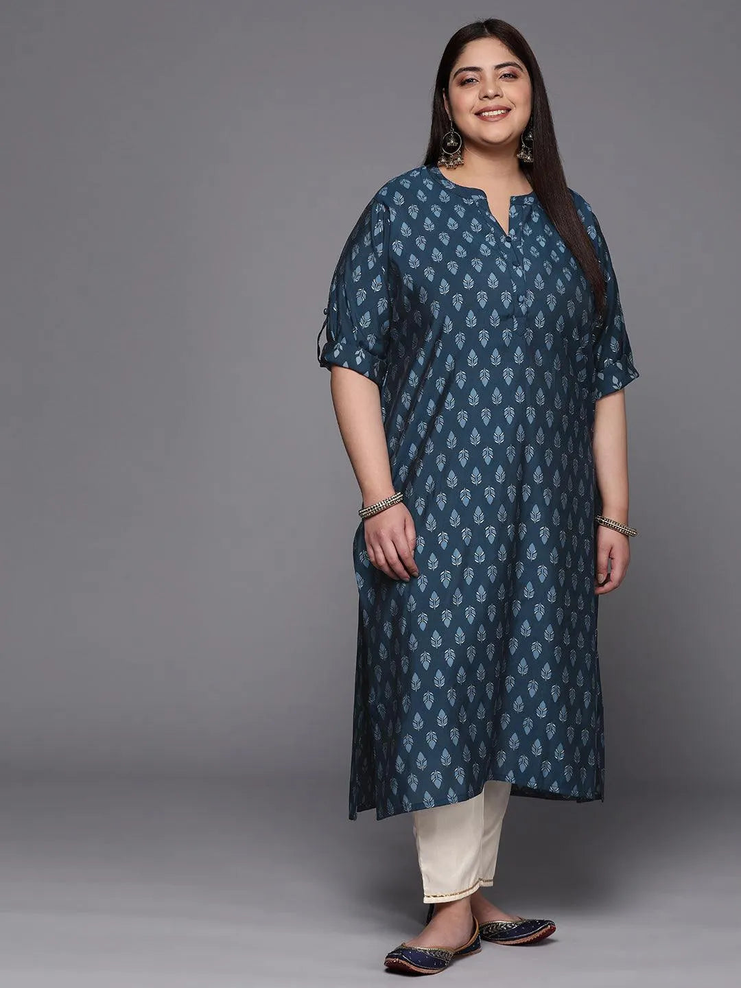 Plus Size Blue Printed Silk Straight Kurta - Jashvi