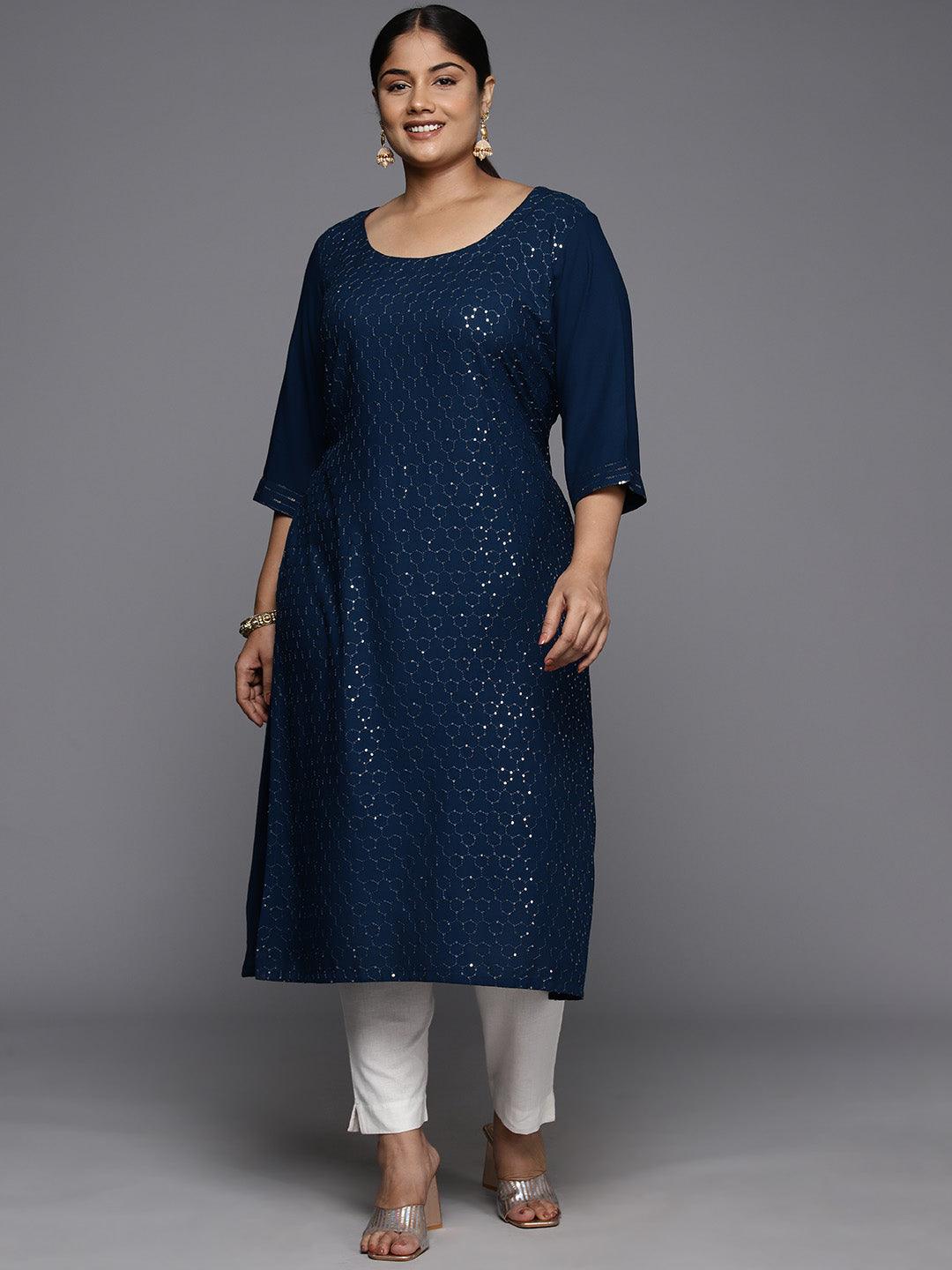 Plus Size Blue Rayon Embellished Straight Kurta - Jashvi