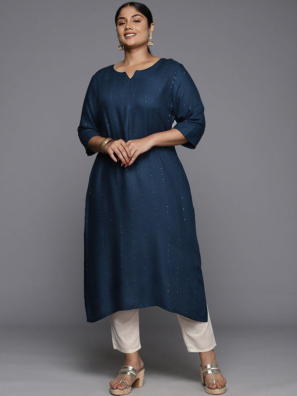 Plus Size Blue Rayon Embroidered Straight Kurta - Jashvi