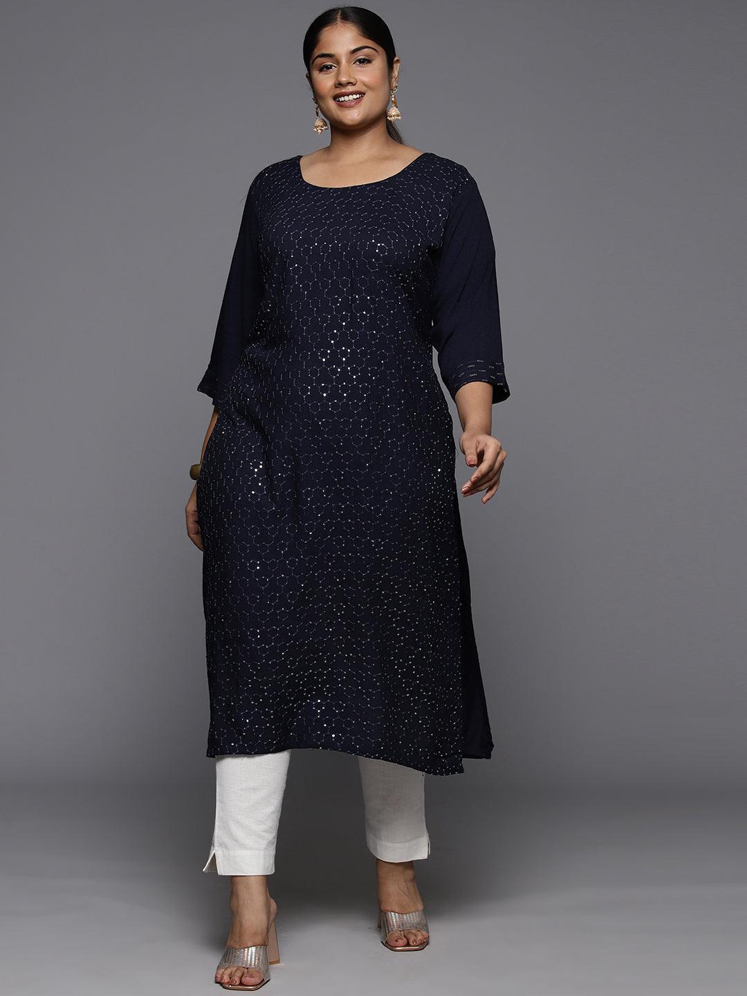 Plus Size Blue Rayon Embroidered Straight Kurta - Jashvi