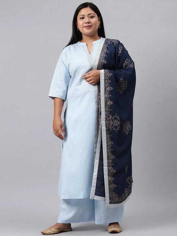 Plus Size Blue Solid Cotton Suit Set - Jashvi