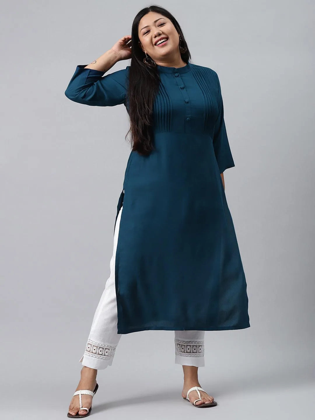 Plus Size Blue Solid Rayon Kurta - Jashvi