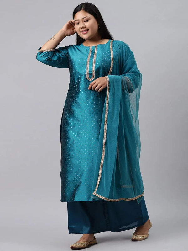 Plus Size Blue Woven Design Art Silk Suit Set - Jashvi