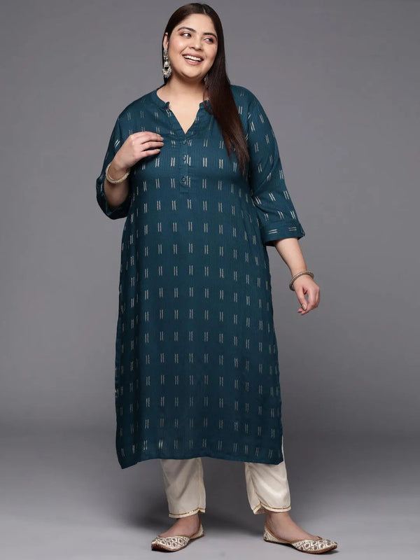 Plus Size Blue Woven Design Rayon Straight Kurta - Jashvi