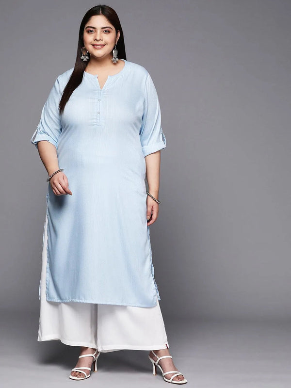 Plus Size Blue Woven Design Rayon Straight Kurta - Jashvi