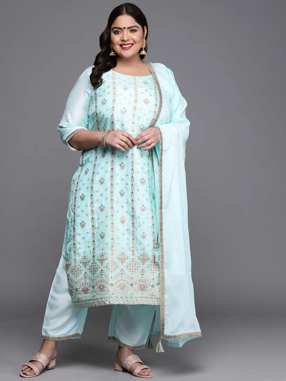 Plus Size Blue Woven Design Silk Blend Suit Set - Jashvi