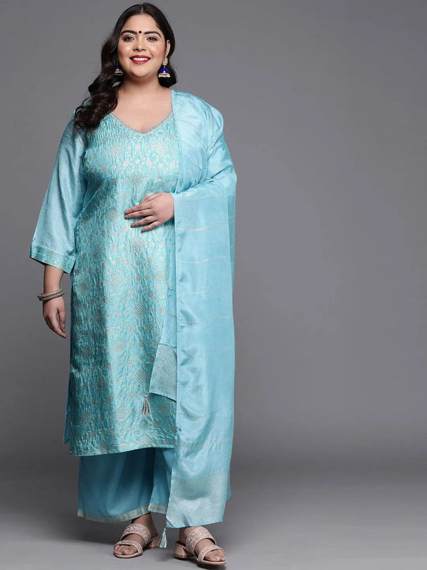 Plus Size Blue Woven Design Silk Blend Suit Set - Jashvi