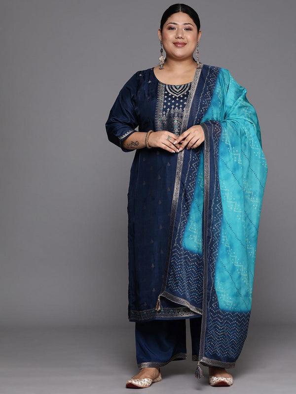 Plus Size Blue Woven Design Silk Blend Straight Suit Set - Jashvi