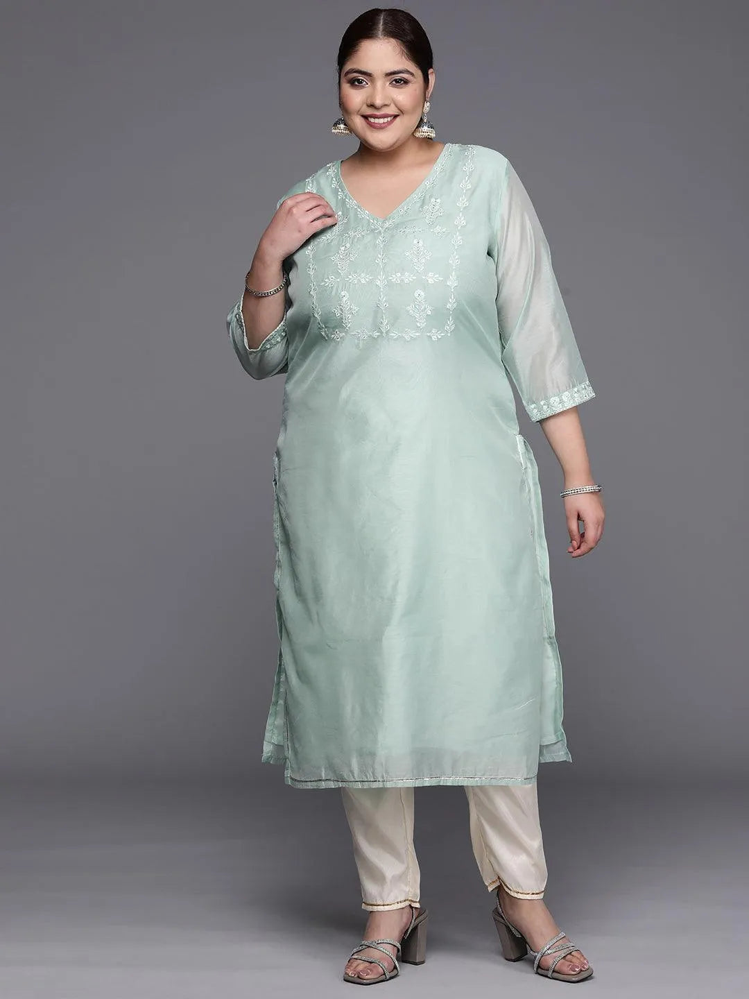 Plus Size Blue Yoke Design Chanderi Cotton Straight Kurta - Jashvi