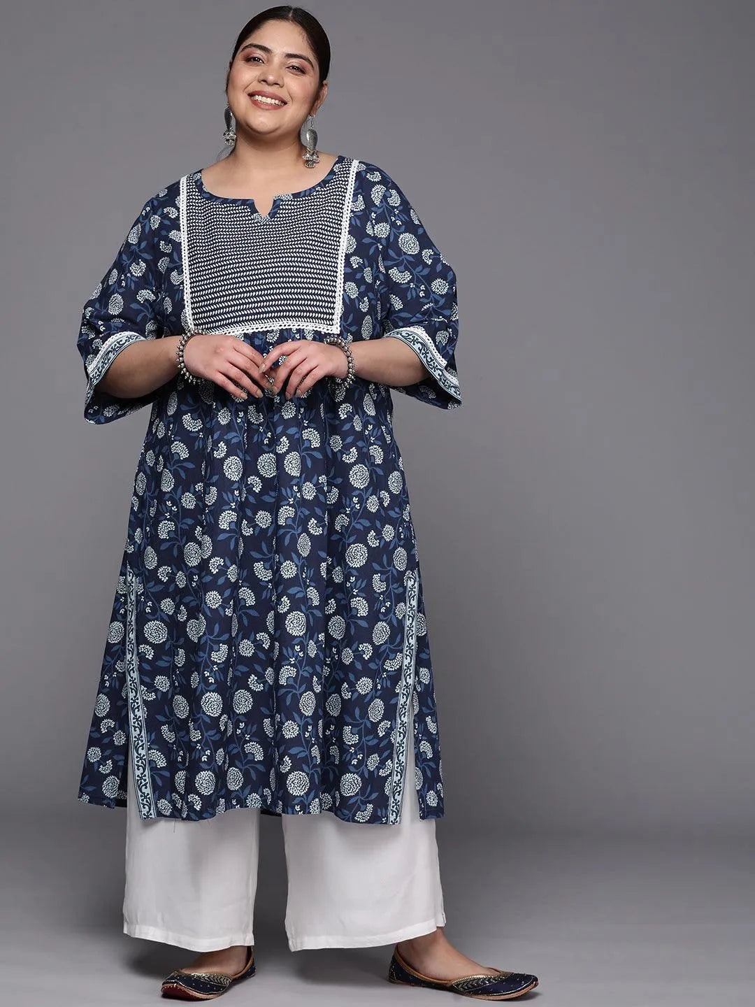 Plus Size Blue Yoke Design Cotton A-Line Kurta - Jashvi