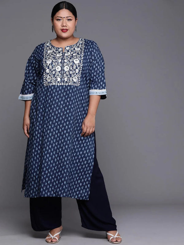 Plus Size Blue Yoke Design Cotton Kurta - Jashvi