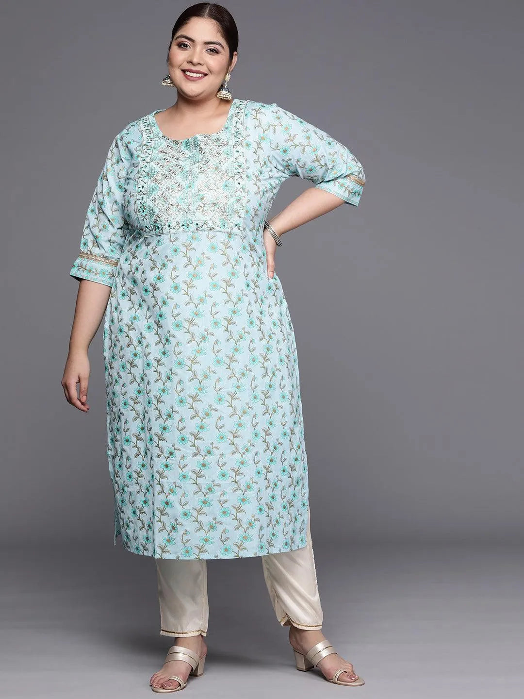 Plus Size Blue Yoke Design Cotton Silk Straight Kurta - Jashvi