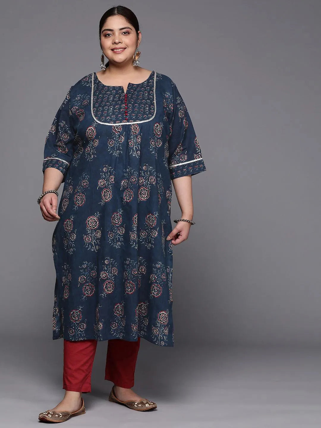 Plus Size Blue Yoke Design Cotton Straight Kurta - Jashvi