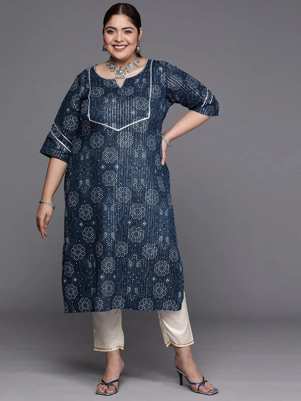 Plus Size Blue Yoke Design Cotton Straight Kurta - Jashvi