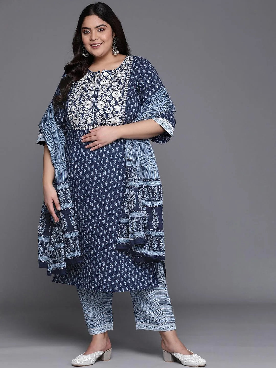 Plus Size Blue Yoke Design Cotton Suit Set - Jashvi