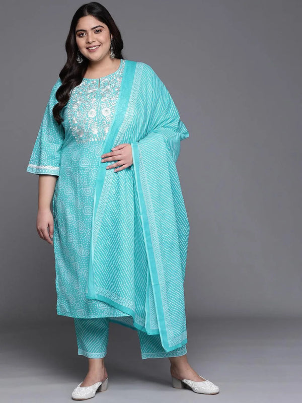 Plus Size Blue Yoke Design Cotton Suit Set - Jashvi