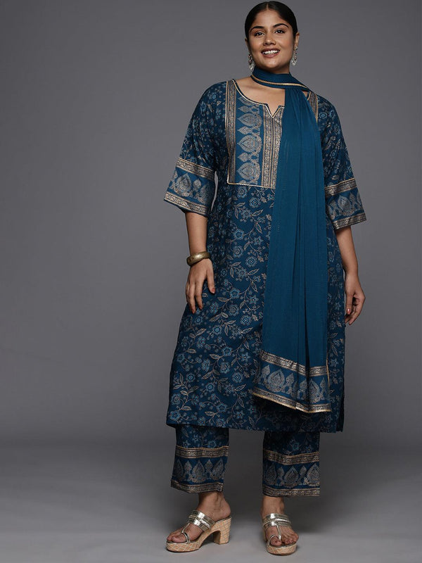 Plus Size Blue Yoke Design Rayon A-Line Kurta With Trousers & Dupatta - Jashvi