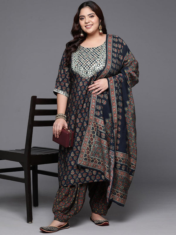 Plus Size Blue Yoke Design Silk Blend Straight Kurta With Salwar & Dupatta - Jashvi