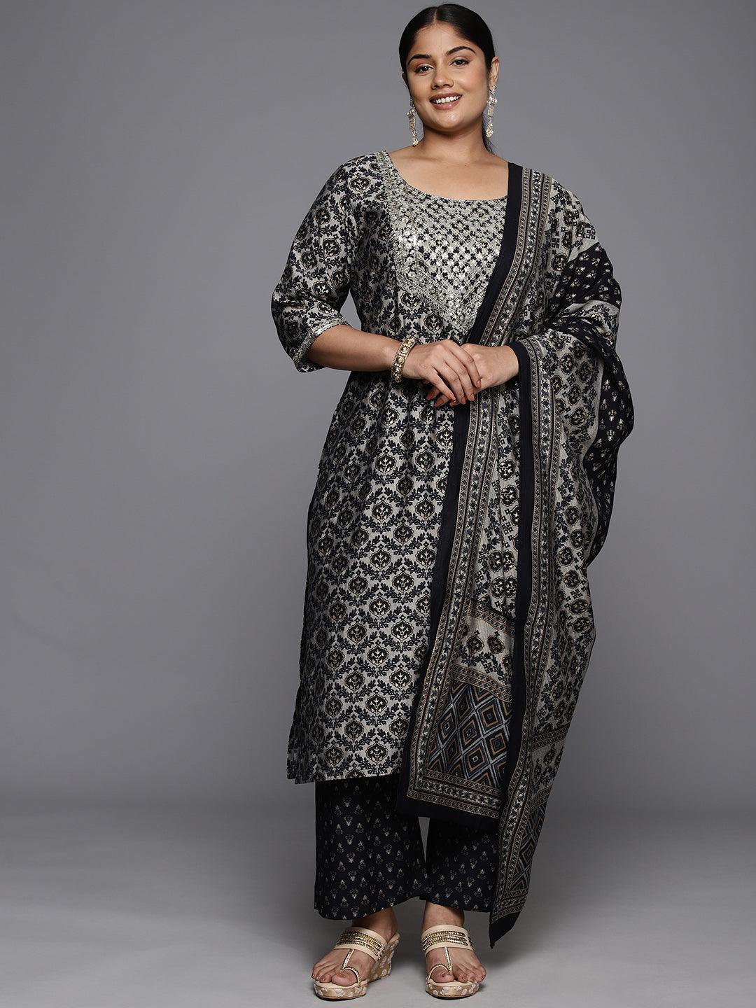 Plus Size Blue Yoke Design Silk Blend Straight Kurta With Trousers & Dupatta - Jashvi