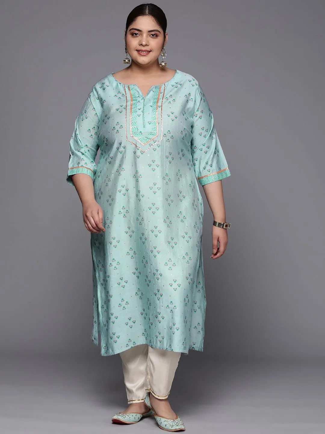 Plus Size Blue Yoke Design Silk Straight Kurta - Jashvi