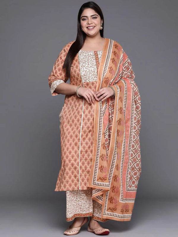 Plus Size Brown Printed Cotton Suit Set - Jashvi