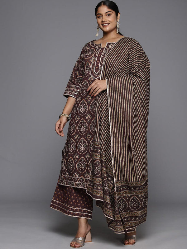 Plus Size Brown Printed Cotton Straight Kurta With Palazzos & Dupatta - Jashvi