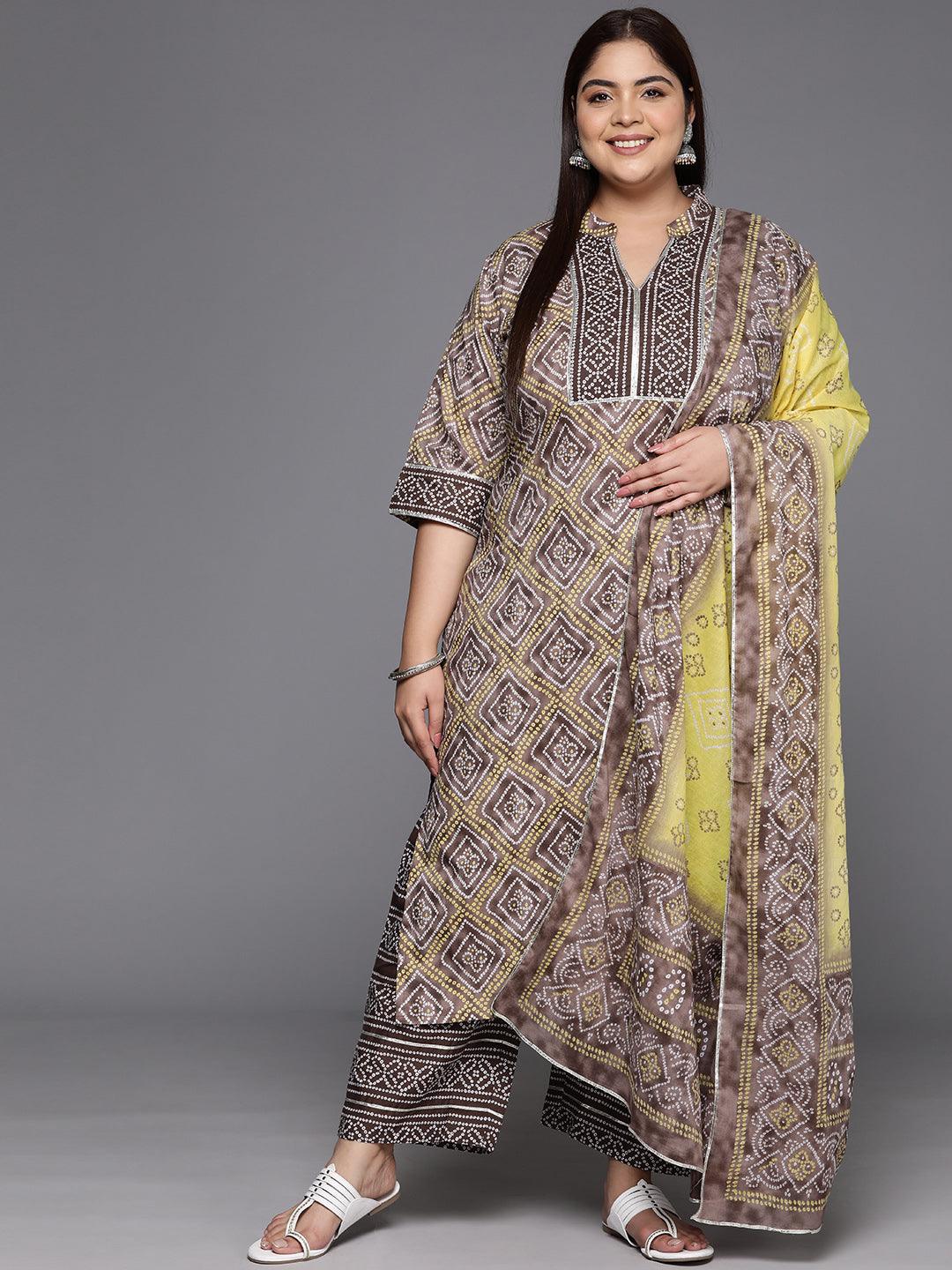 Plus Size Brown Printed Cotton Straight Kurta With Trousers & Dupatta - Jashvi