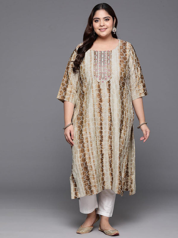 Plus Size Brown Yoke Design Straight Silk Kurta - Jashvi