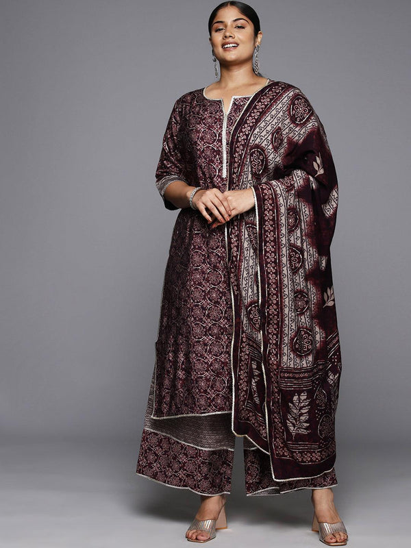 Plus Size Burgundy Printed Silk Blend Straight Kurta With Palazzos & Dupatta - Jashvi