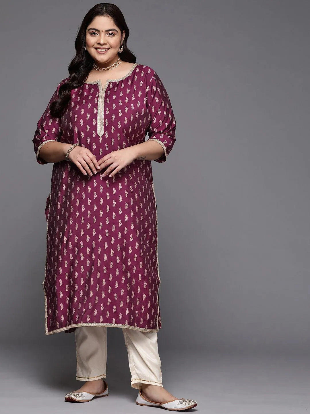 Plus Size Burgundy Printed Silk Straight Kurta - Jashvi