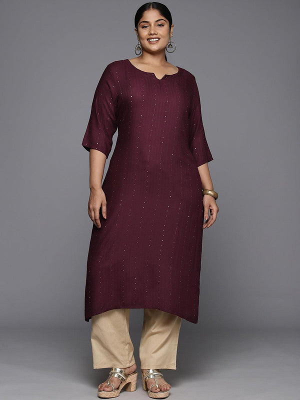 Plus Size Burgundy Rayon Embroidered Straight Kurta - Jashvi