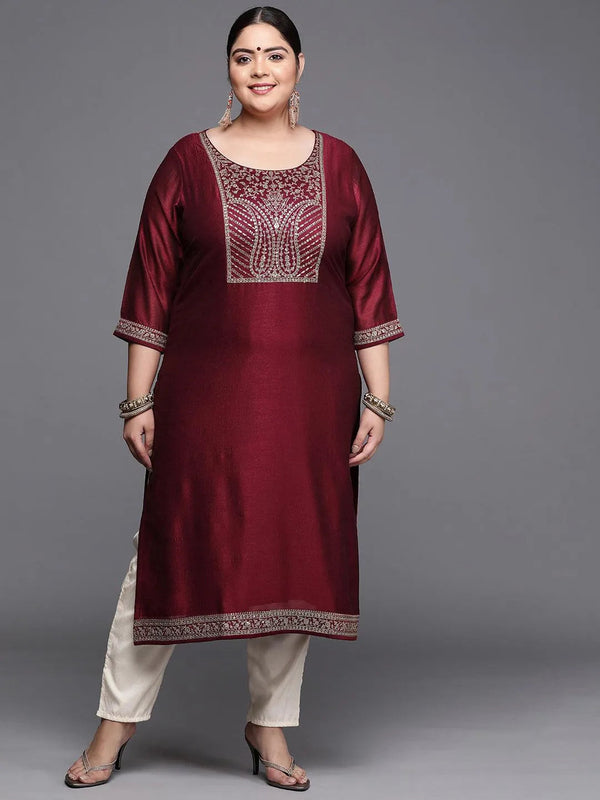 Plus Size Burgundy Yoke Design Silk Kurta - Jashvi