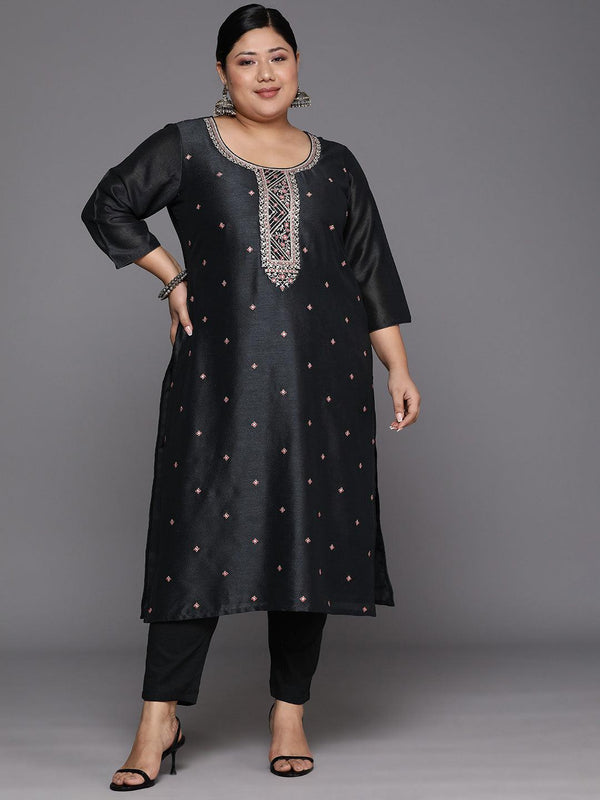 Plus Size Charcoal Embroidered Silk Straight Kurta - Jashvi