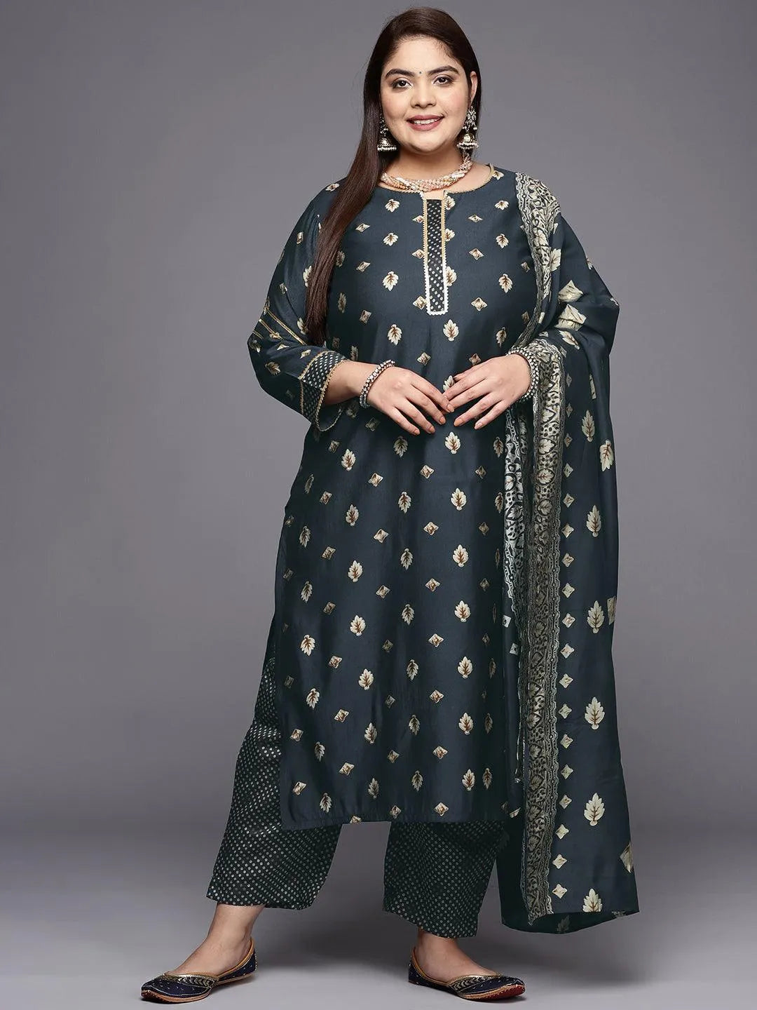 Plus Size Charcoal Printed Silk Blend Straight Suit Set - Jashvi