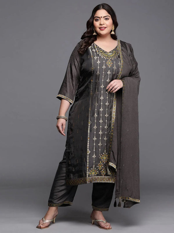 Plus Size Charcoal Self Design Silk Blend Suit Set - Jashvi