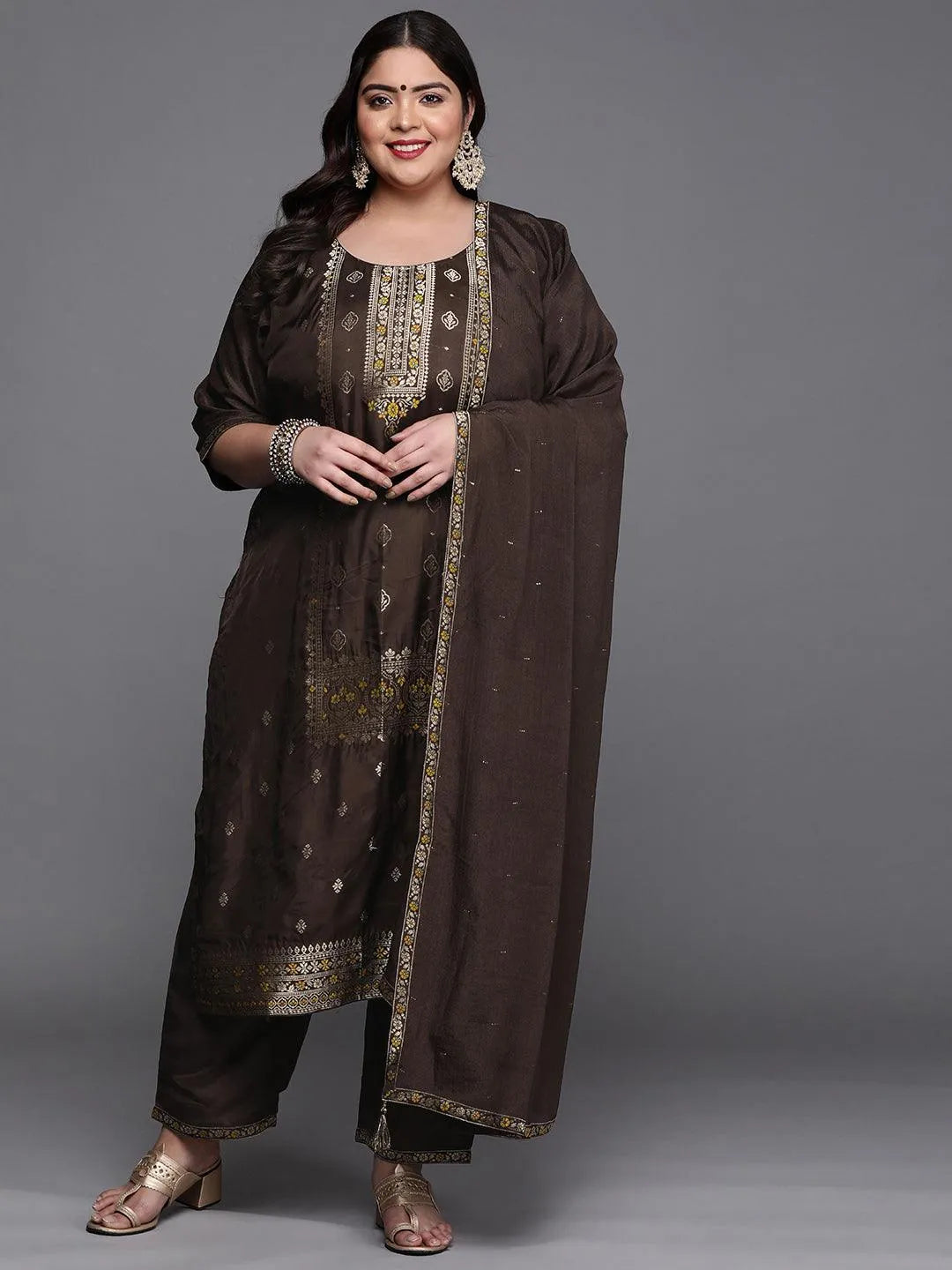 Plus Size Coffee Brown Self Design Silk Blend Suit Set - Jashvi