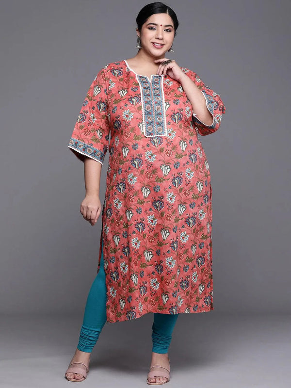 Plus Size Coral Printed Cotton Kurta - Jashvi