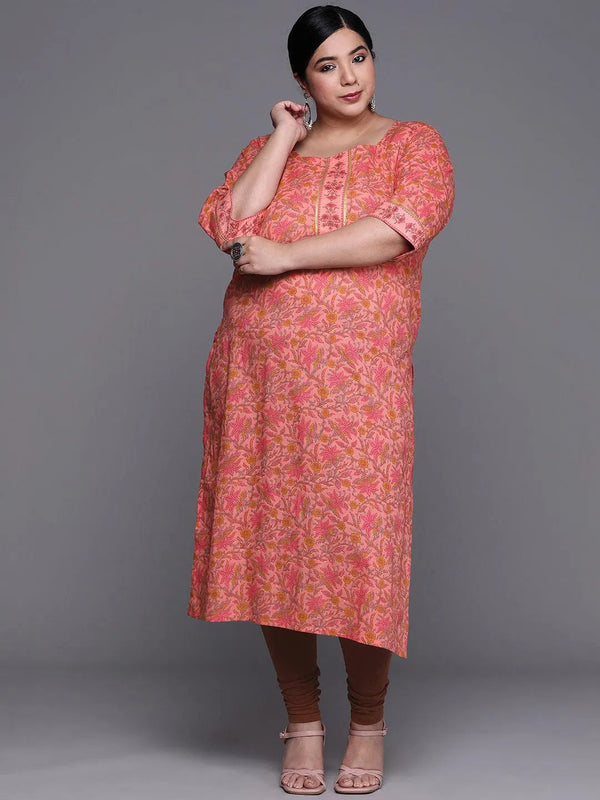 Plus Size Coral Printed Cotton Kurta - Jashvi