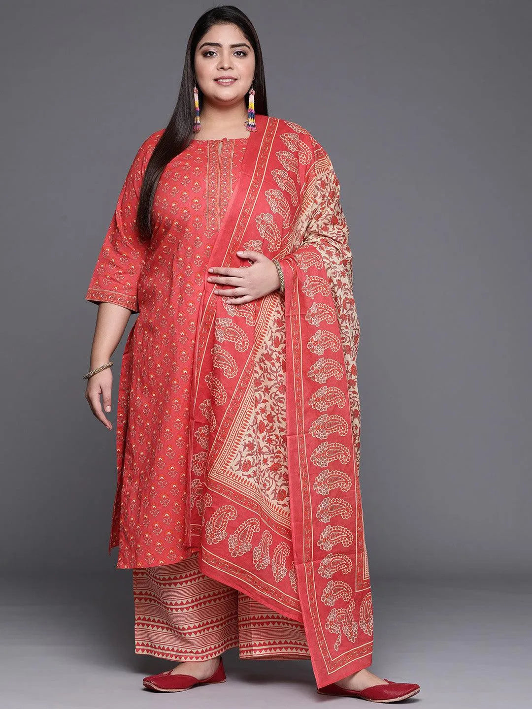 Plus Size Coral Printed Cotton Suit Set - Jashvi