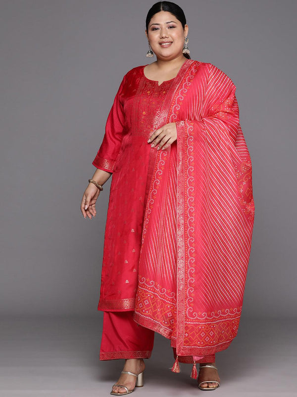 Plus Size Coral Woven Design Silk Blend Straight Suit Set - Jashvi