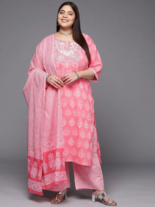 Plus Size Coral Yoke Design Cotton Suit Set With Trousers - Jashvi