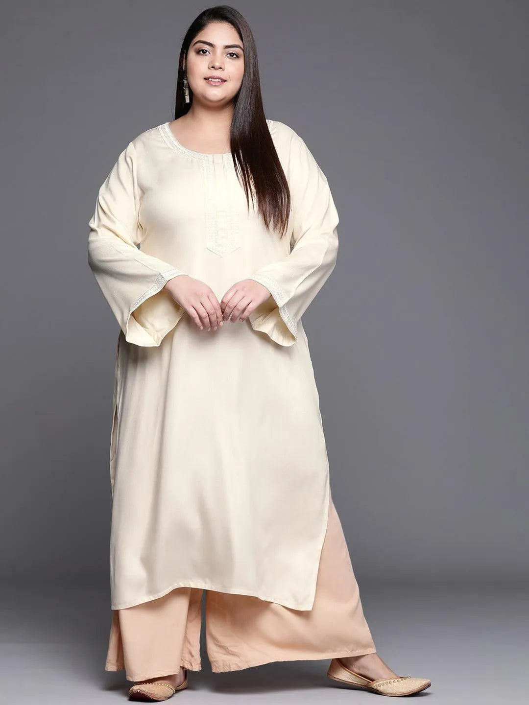 Plus Size Cream Embroidered Wool Kurta - Jashvi