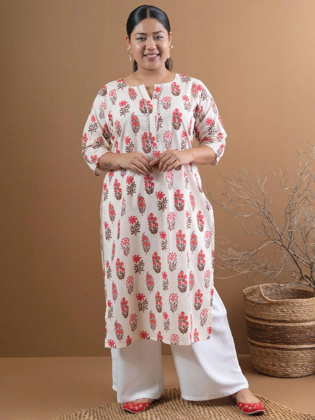 Plus Size Cream Printed Cotton Kurta - Jashvi