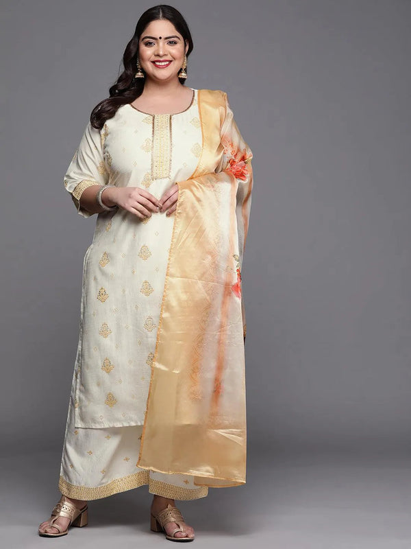 Plus Size Cream Printed Silk Blend Suit Set - Jashvi