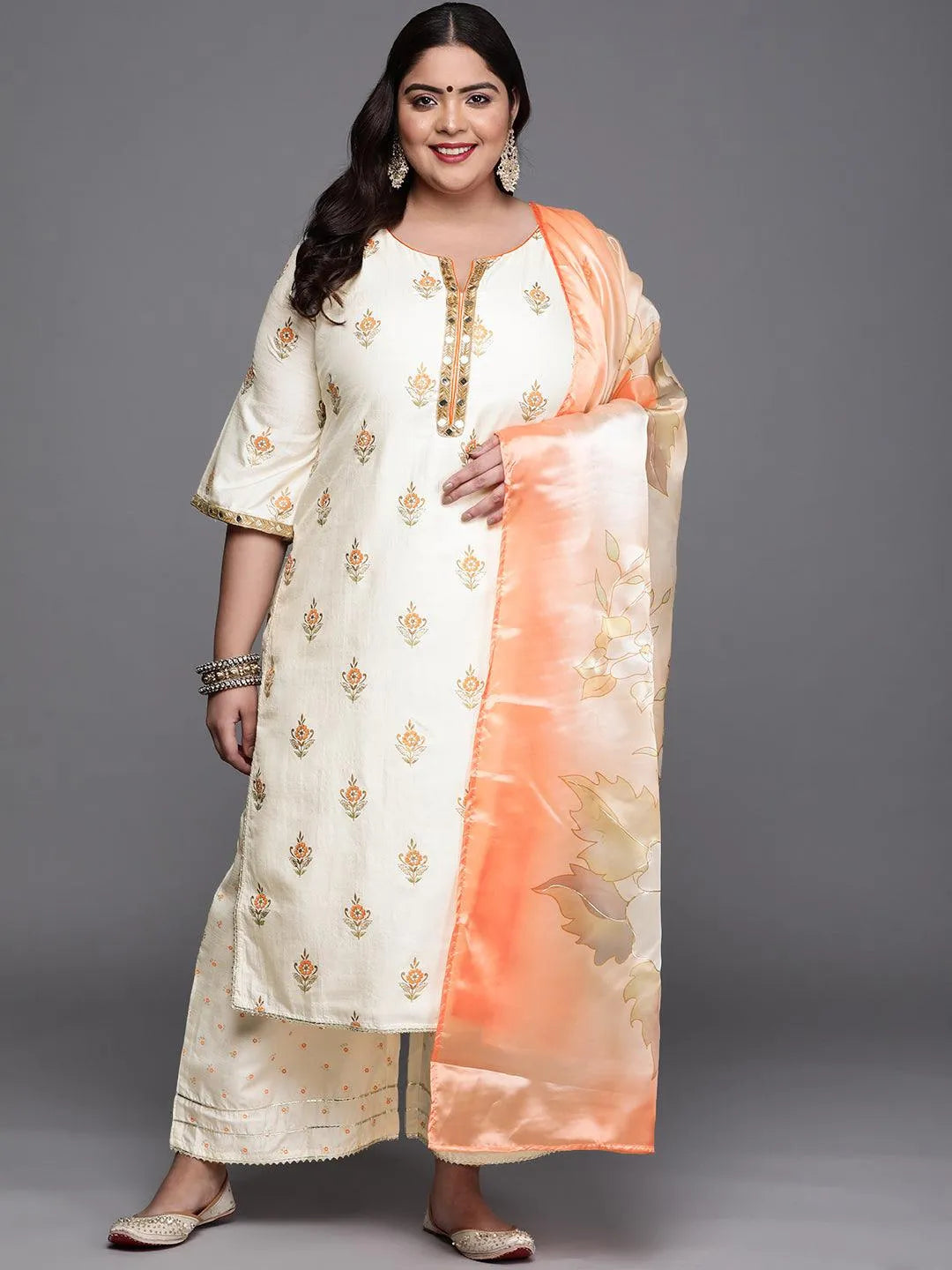 Plus Size Cream Printed Silk Blend Suit Set - Jashvi