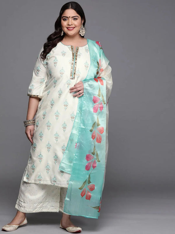 Plus Size Cream Printed Silk Blend Suit Set - Jashvi