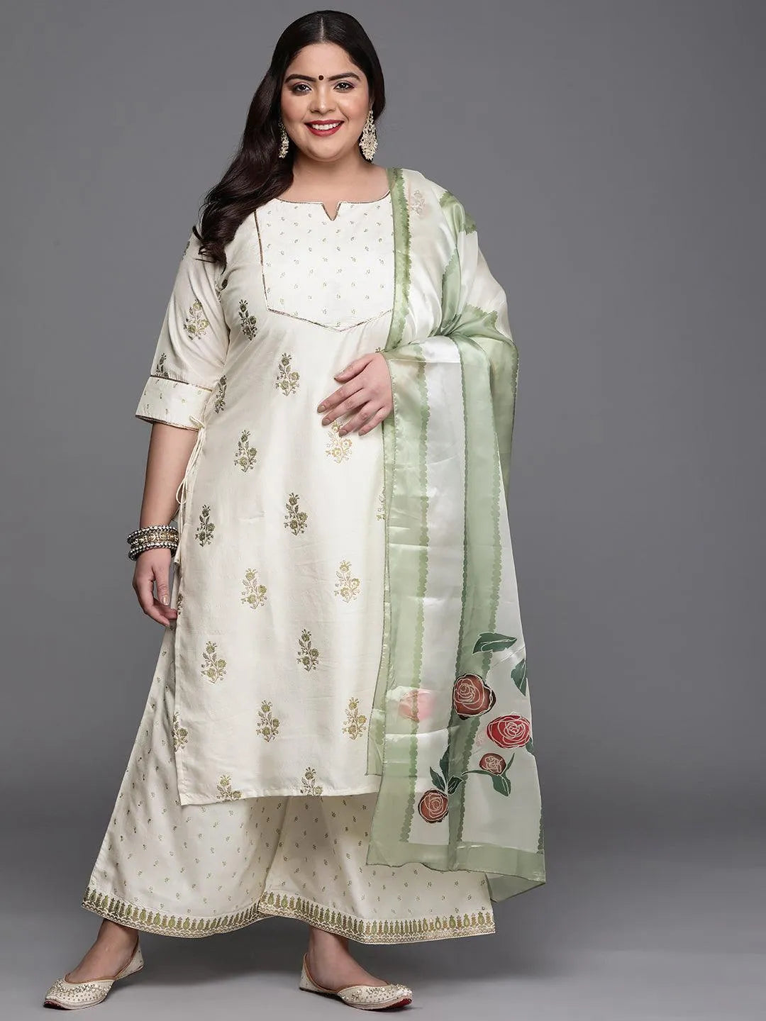 Plus Size Cream Yoke Design Silk Blend Suit Set - Jashvi